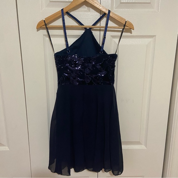 Lulus NWT Time of Love Navy Blue Sequin Halter Skater Velvet Burnout Mini Dress - Picture 8 of 12